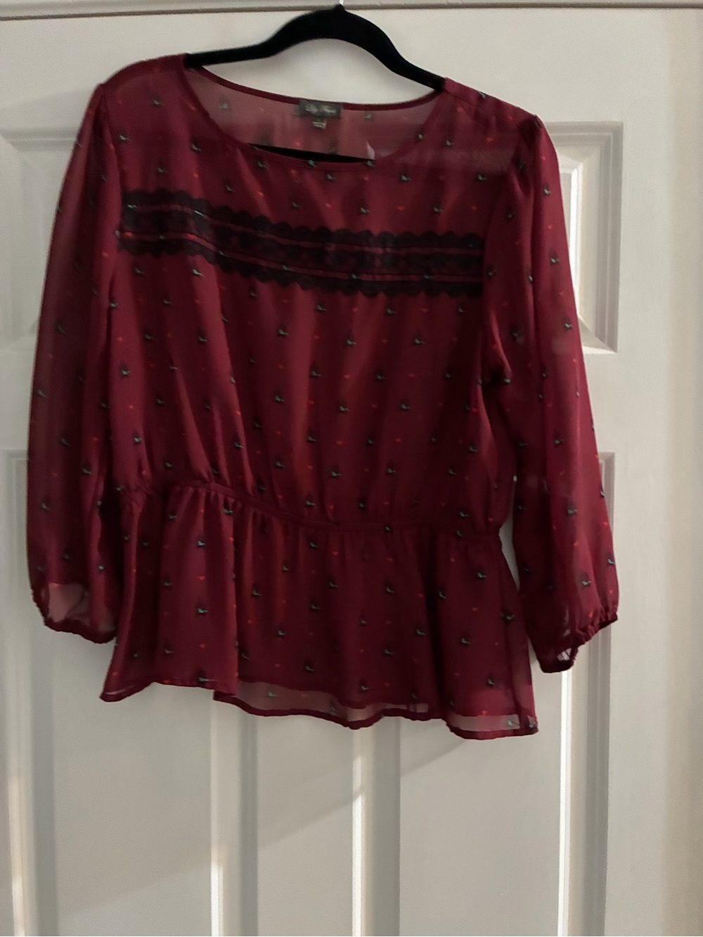 Lily Rose Burgundy Peplum Blouse with Lace Yoke